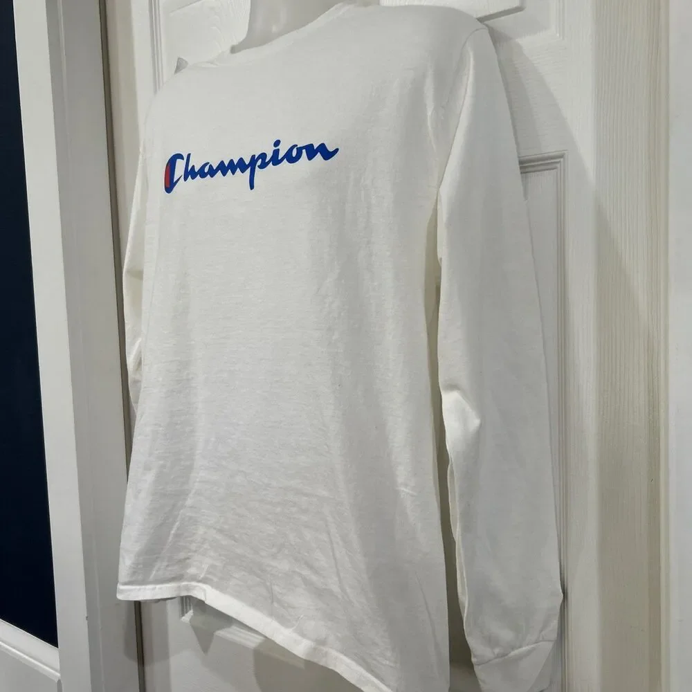 Champion Authentic Athleticwear Men's L White Logo Crew Neck Long Sleeve T-Shirt - Picture 2 of 6